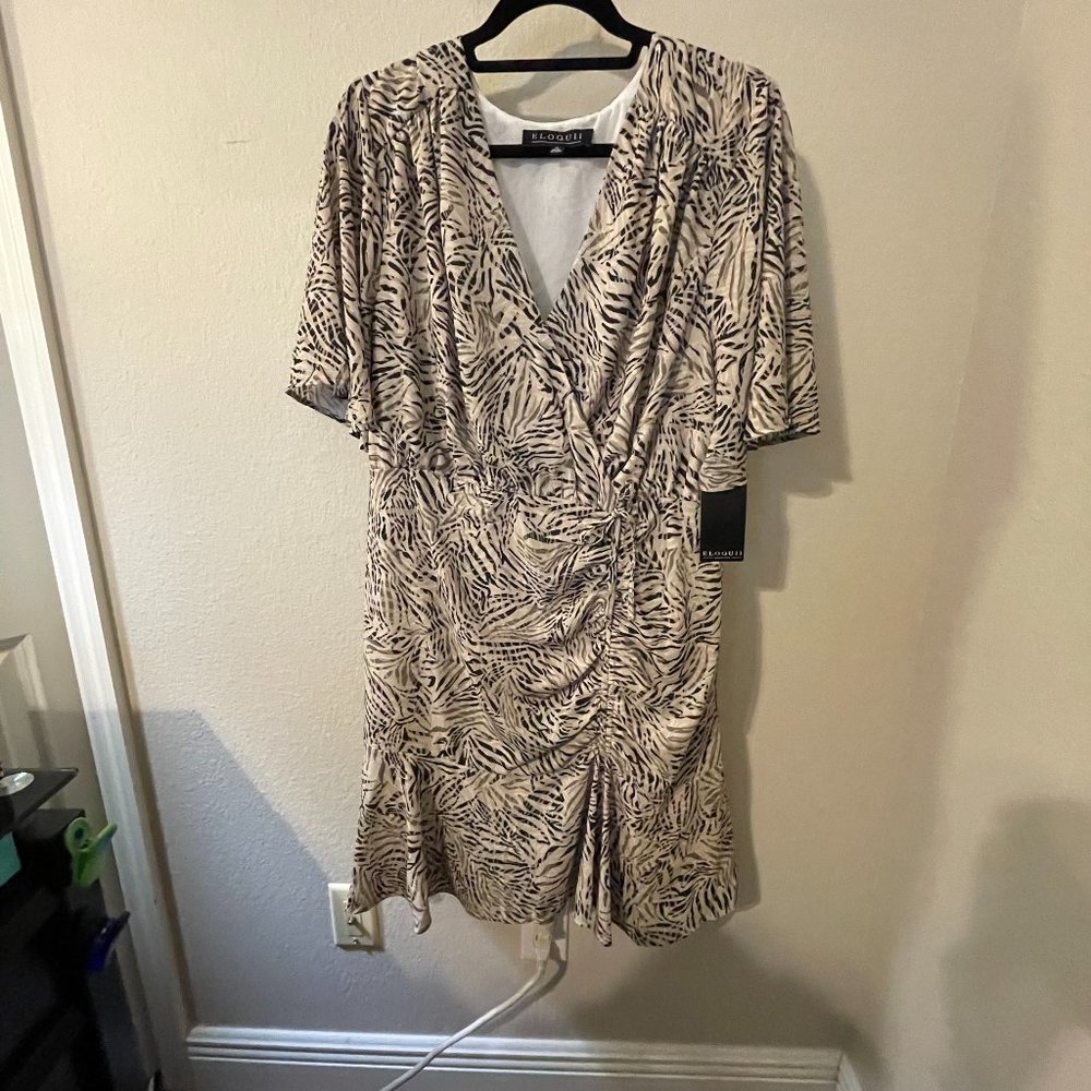 Eloquii Wrap Mini Dress Animal Print Scrunch Tie Waist Ruffle Tan Size 14 NWT